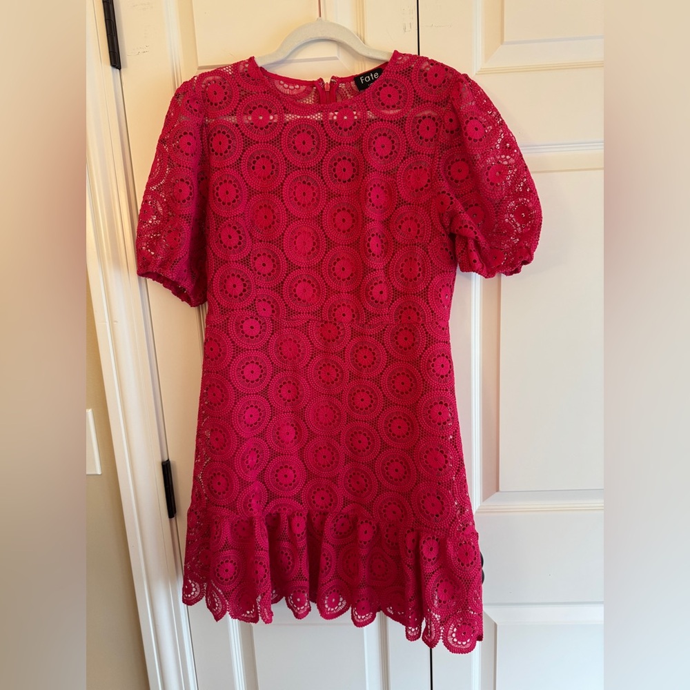 Fate Pink Lace style Dress with ruffle bottom and puff sleeves